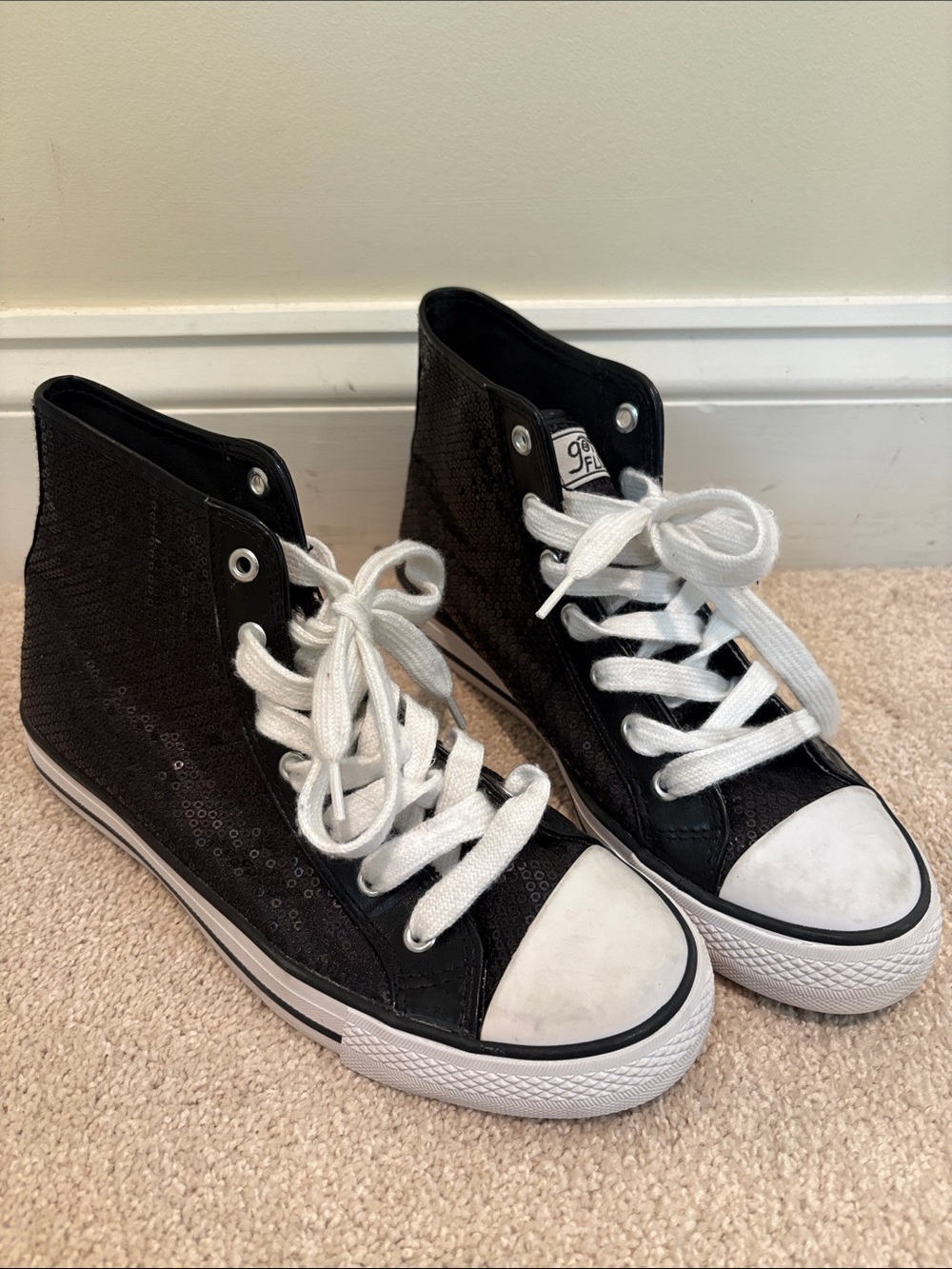 Black Sequined High-Top Sneakers with White Laces